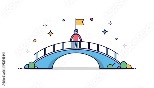 Bridge crossing milestone concept featuring a person reaching the middle of an arched pedestrian bridge with a small flag icon symbolizing achievement and