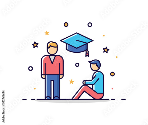 Mentorship and support networks knowledge exchange concept featuring two figures beside a small open book icon centered between them. The scene conveys