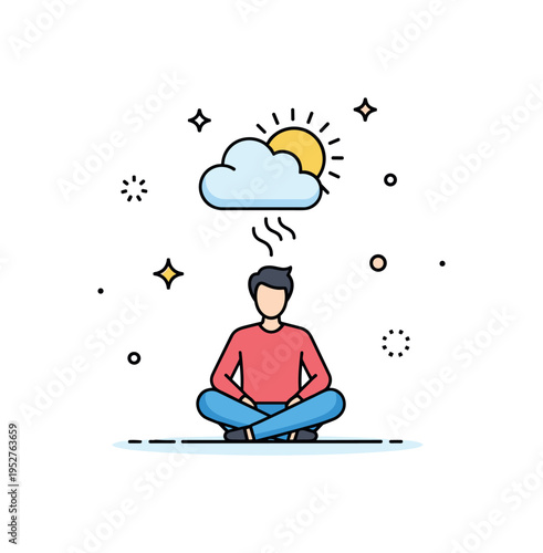 Stress management and emotional balance depicted by a calm character sitting in a relaxed pose with a small cloud transforming into a sun above, representing