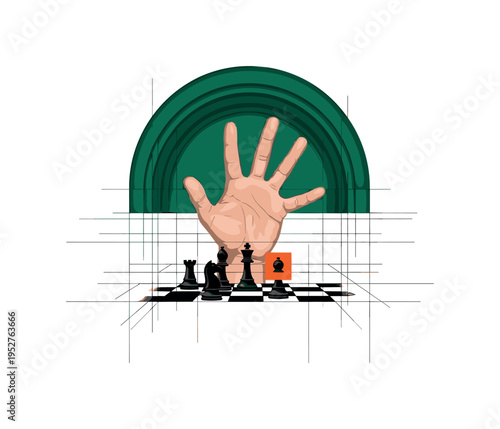 Black and white hand hovering above board hesitating before a move, oversized deep green semicircle framing the moment, thin black structural lines forming