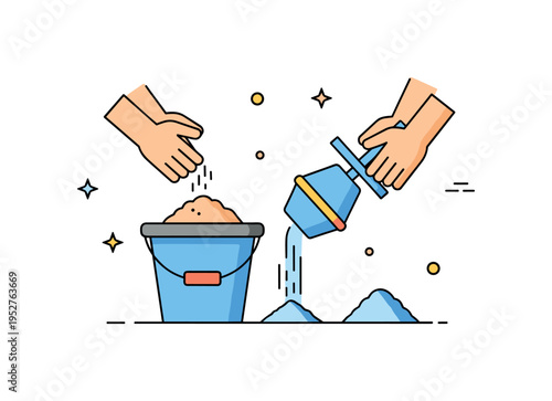 Cement mixture preparation theme illustrated by a bucket and small mixer tool beside a subtle pouring stream, symbolizing hands on building tasks and material