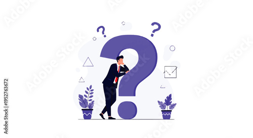 Vector flat design illustration of a man in a suit standing thoughtfully next to a large purple question mark with plants and symbols on a white background.