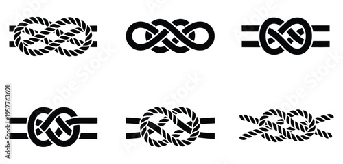Six nautical rope knot vector icons, black and white illustrations showing detailed knot types, perfect for maritime education, sailing projects, nautical-themed designs, and instructional diagrams.