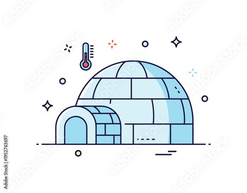 Energy efficient snow shelter concept featuring an igloo with a subtle insulation layer indicated by soft inner lines. A tiny thermometer icon and gentle star
