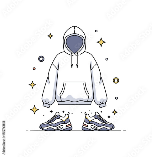 Streetwear fashion trends oversized hoodie paired with chunky sneakers and subtle sparkle accents, expressing urban confidence, individuality, and contemporary