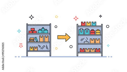 Retail repossession transition scene featuring shelves partially cleared and a small arrow indicating inventory return, expressing operational change and