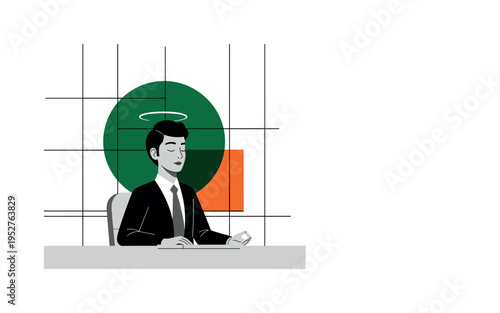 Black and white person meditating briefly at desk, large forest green circular halo behind head symbolizing balance, thin black structural lines forming subtle
