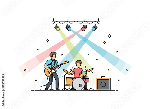 Rock band performance guitarist and drummer on a small stage with bold light beams crossing above, expressing rhythm, power and dynamic live sound. Minimalist