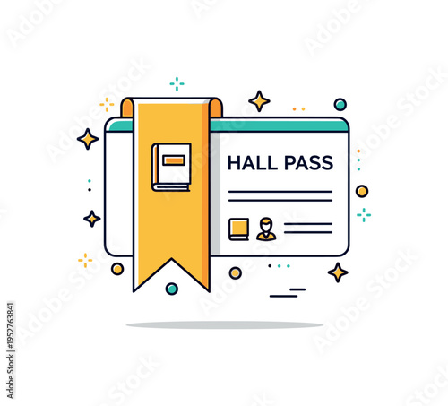 Library hall pass design bookmark-shaped card with a tiny book icon and neat border detail. A compact editorial illustration about quiet study spaces and