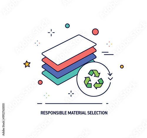 Responsible material selection theme centered on layered material swatches paired with a small recycling icon, symbolizing thoughtful sourcing and eco friendly