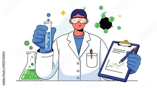 Scientific Discovery: A focused scientist, shielded by safety glasses, meticulously analyzes a vial of fluid, while taking notes. He's at the forefront of scientific exploration.