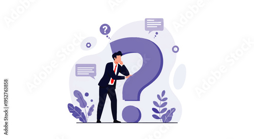 Vector flat design illustration of a confused businessman standing next to a large purple question mark with thought bubbles and plants in the background.