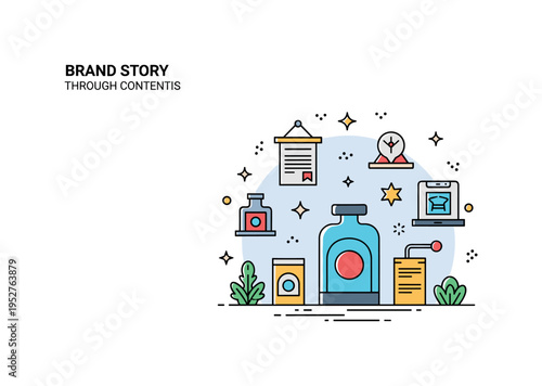 Brand story through illustration concept illustrated by a simple product icon surrounded by contextual scene elements forming a cohesive mini environment. The