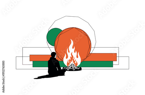 Black and white figure seated cross-legged before a campfire, oversized geometric sun-like circle behind blending with flame form, emerald green and burnt