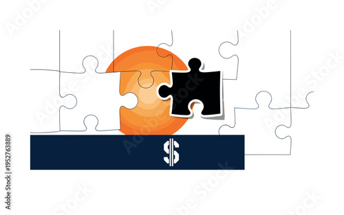 Black and white puzzle piece fitting perfectly into a larger shape, oversized warm orange circle behind the connection point, deep navy rectangular stripe