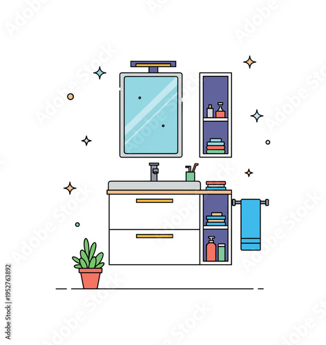 Space saving bathroom vanity for small apartments combining slim drawers and side shelving in a compact vertical arrangement. The scene conveys efficiency,