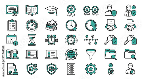 Mobile Learning LMS Icon Set in Linear Style. A collection of education icons, including smartphone, tablet, video, download, course, quiz, feedback, cloud, certificate, data