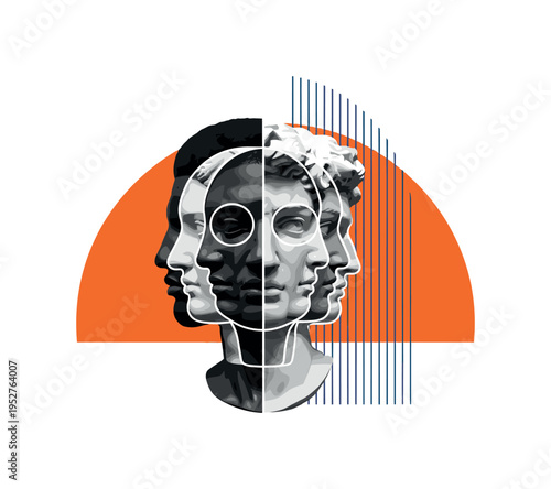 Black and white classical marble bust gazing upward with a surreal galaxy sphere replacing the top of the head, bold red circular halo and thin radiating lines