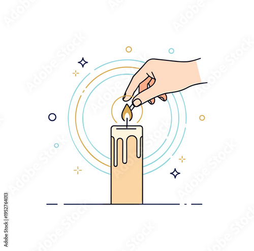 Meditation candle lighting concept represented by a single tall candle as a calm hand lights the wick, conveying focus and inner peace. Subtle circular aura