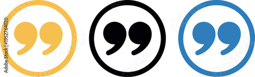 Quotation Mark Icon Set in Yellow, Black, and Blue Circular Frames – Quote Punctuation Symbols for Text and Design