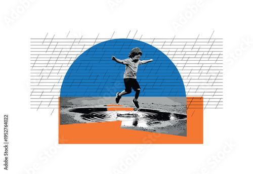Black and white image of a child mid-jump over a puddle, large bright blue semicircle anchoring the center, thin horizontal lines creating rhythmic rain