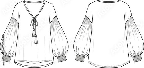 Front and back view of bohemian blouse with puff sleeves vector illustration, fashion apparel template featuring tassel tie neckline design