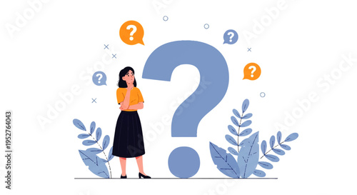 Vector flat design illustration of a thoughtful woman standing beside a large question mark with floating speech bubbles and decorative leaves on a clean white background.