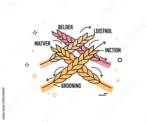 Hair braiding tutorial concept showing three labeled strands crossing over each other with subtle arrow indicators guiding the motion. A clear visual metaphor
