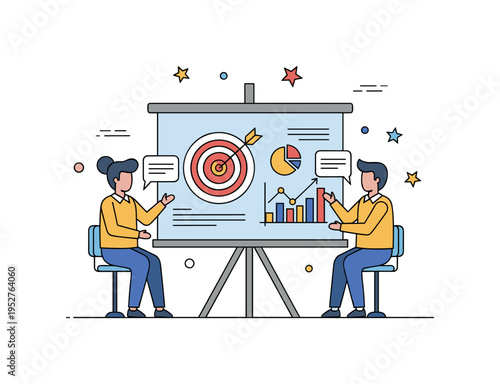 Marketing strategy workshop session illustrated by a board with target icon and small chart elements while participants engage in discussion, symbolizing