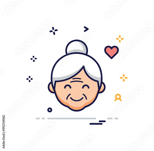 Grandma love and warmth concept centered on a gentle elderly woman silhouette with soft smile lines and a small heart accent nearby, symbolizing care, wisdom,