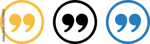 Quotation Mark Icon Set in Yellow, Black, and Blue Circular Frames – Quote Punctuation Symbols for Text and Design