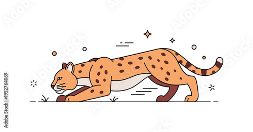 Wildcat hunting stance with lowered body and focused gaze representing instinct and precision. Subtle motion accents and minimal ground shapes maintain a clean