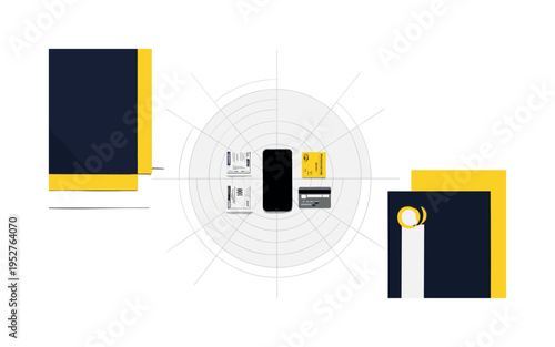 Black and white top view of desk with smartphone, small bill papers and credit card arranged symmetrically, concentric rings and thin grid overlays reinforcing