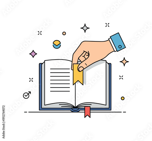 Hand placing a bookmark into a novel with small decorative abstract shapes around, highlighting engagement with reading and thoughtful organization. Minimalist