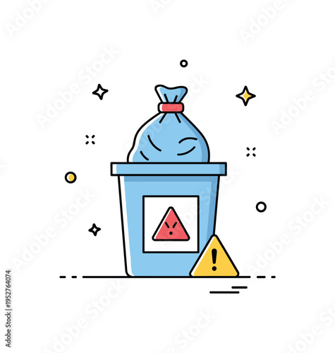 Medical waste disposal practice illustrated through a clearly marked disposal bin with sealed bag inside and small hazard symbol, emphasizing safe handling and