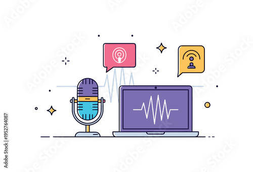 Podcast streaming setup compact microphone and laptop with subtle sound wave lines and small broadcast symbol, symbolizing digital audio publishing and online