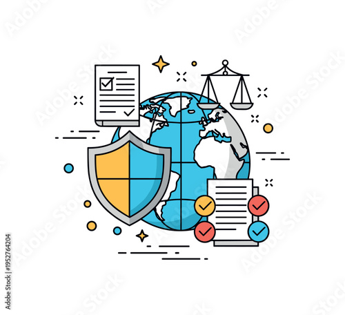 International compliance and regulation symbolized by a shield overlaying a globe, accompanied by small document and checkmark icons to reflect legal