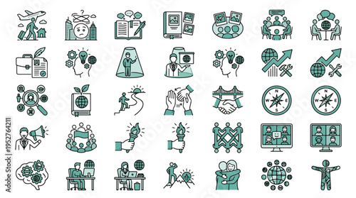 Global Business Icon Set in Linear Style. A collection of linear icons including career, leadership, teamwork, communication, growth, success, strategy, travel