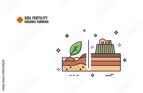 Soil fertility organic farming badge illustrated by a layered soil profile paired with a leaf and small farm field line icon, symbolizing natural cultivation