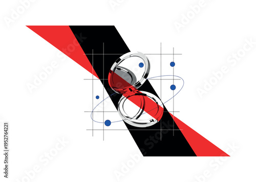 Black and white image of a compact mirror slightly open, bold red diagonal stripe slicing through the composition like theatrical tension, thin grid lines