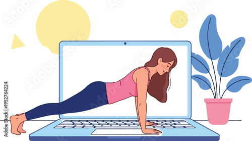 Woman doing plank exercise during online fitness class
