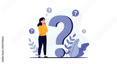 Vector flat design illustration of a thoughtful woman standing next to a large question mark with puzzled expressions and plants around her in a simplistic style.