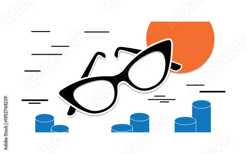 Black and white cat-eye retro glasses angled diagonally, bold orange circular accent framing upper corner, blue geometric cylinders anchoring bottom edge,
