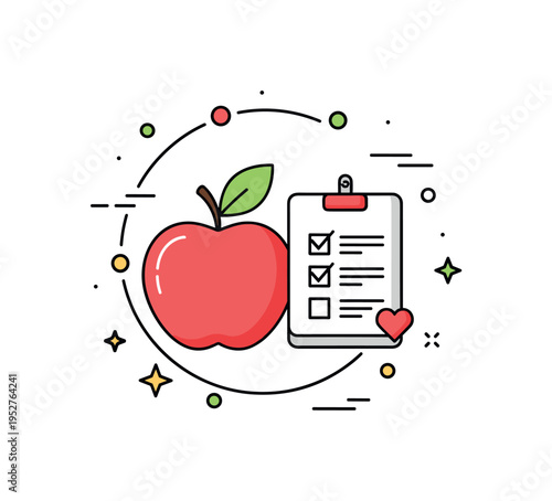 Healthy lifestyle habits apple icon paired with a small checklist and heart accent within a rounded badge frame. A warm illustration expressing daily nutrition