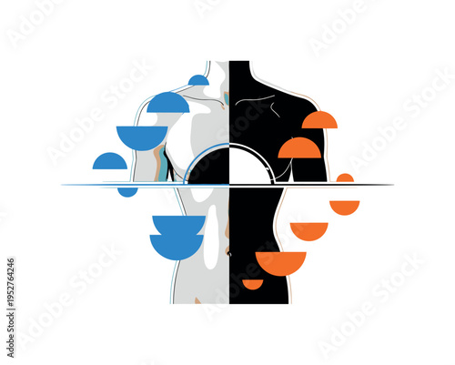 Black and white human torso split by curved hemispheric line, abstract semicircles and floating flat shapes in blue and orange, subtle white outline around