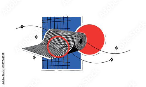 Black and white roll of woven fabric partially unrolled, bold red circle intersecting fabric edge, blue abstract grid block behind roll, thin curved lines