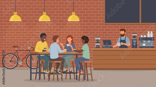 Diverse group of friends enjoying coffee and conversation at a modern cafe with a barista working behind the counter.