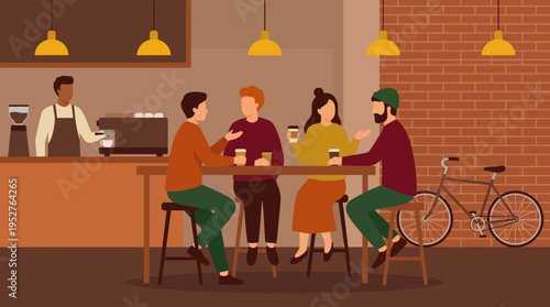 Four friends enjoying coffee and conversation at a cozy cafe with a barista working behind the counter and a bicycle parked nearby.