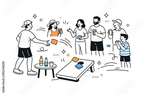Backyard Game Day Gathering. Friends and family casually playing cornhole in a sunny backyard, relaxed weekend atmosphere with people chatting and tossing bean