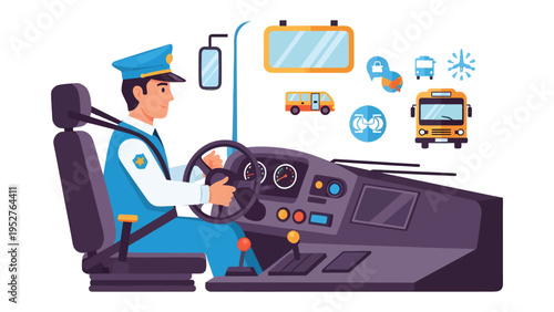 Bus Driver at Work: A bus driver, in uniform, navigates the vehicle with a steady hand. The dashboard is filled with essential instruments.